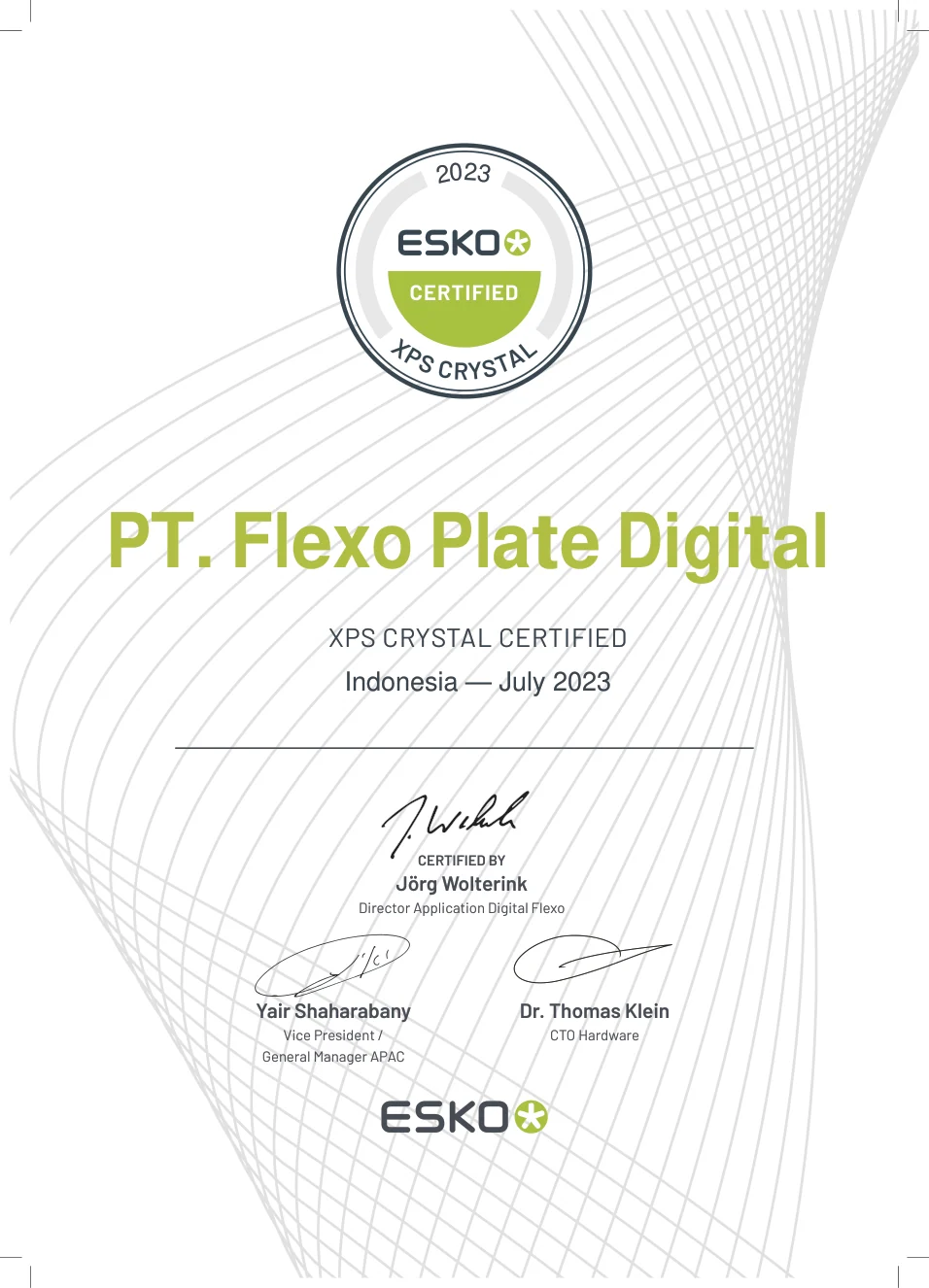 Esko XPS Crystal certificate naming PT. Flexo Plate Digital, Indonesia, dated July 2023
